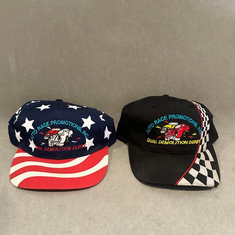 Lot of 2 Vintage Auto Race Promotions Dual Demolition Derby Snapback Hats Nissin